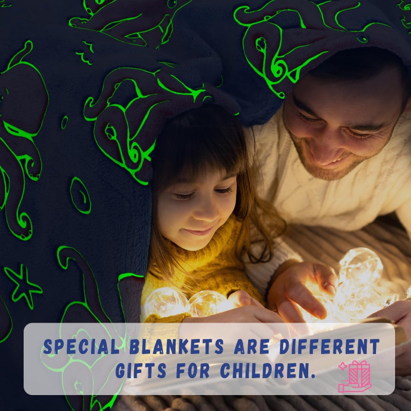 GEULAY Octopus Blanket Glow in The Dark Ocean Blanket Soft Pink Octopus Gifts Toys Decor Blue Fleece Kids Throw for Boys Girls Teens Birthday - Image 3